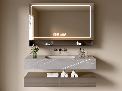 Contemporary Bathroom Vanity With Marble Countertop Backlit Mirror Drawers Toiletries And Towels 3d model