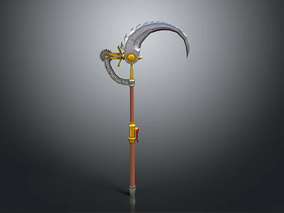 3D Model Decorative Scythe Equipment With Gear Brown Pole And Yellow Ornament 3d model