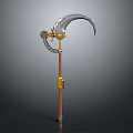 3D Model Decorative Scythe Equipment With Gear Brown Pole And Yellow Ornament
