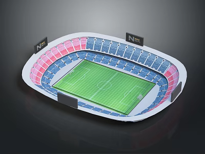 Modern Football Stadium Model Featuring Green Pitch Red Blue Seats And N12 Billboards 3d model