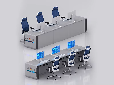 Row of Modern Office Desks with Multiple Computer Monitors and Ergonomic Chairs 3d model