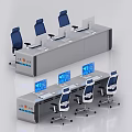 Row of Modern Office Desks with Multiple Computer Monitors and Ergonomic Chairs