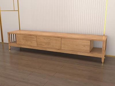 Modern Wooden TV Stand With Three Drawers And Metal Legs On Wooden Floor 3d model