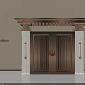 Chinese Style Double Doors With Dark Brown Finish White Pillars And Wall Lamps