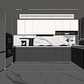 Modern Kitchen Interior With Black And White Cabinets Marble Countertop And Built In Appliances