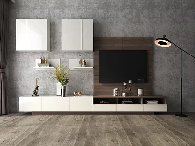 Modern TV Stand with White Upper Cabinets Wooden Panel and Decorative Items on Gray Wall 3d model
