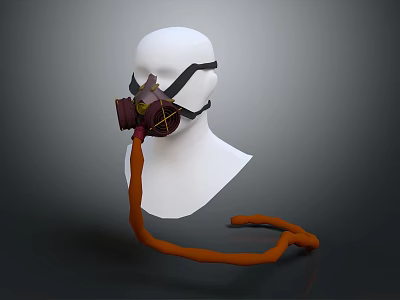 Protective Gas Mask With Dark Color And Orange Hose On Mannequin 3d model