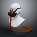 Protective Gas Mask With Dark Color And Orange Hose On Mannequin