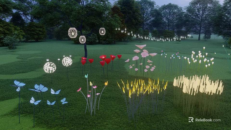 Colorful Outdoor Lights with Butterfly Flower Wheat Shapes in Night Park Grass 3d model 