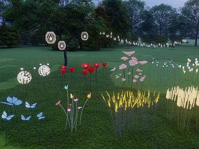 Colorful Outdoor Lights with Butterfly Flower Wheat Shapes in Night Park Grass 3d model