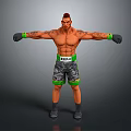 Muscular Man as Boxer with Green Gloves and Camo Shorts Standing with Arms Outstretched