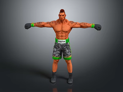 Muscular Man as Boxer with Green Gloves and Camo Shorts Standing with Arms Outstretched 3d model