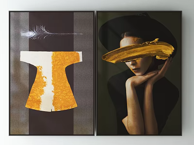 Decorative Wall Art Set With Feather Abstract Painting And Hat Portrait 3d model
