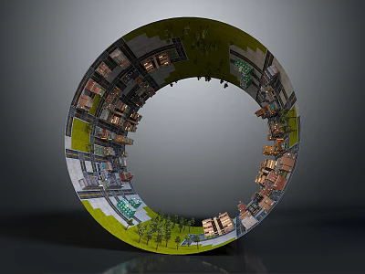 Vibrant Cartoon Scene of Circular Ring Shaped City with Buildings Green Areas and Trees 3d model