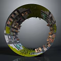Vibrant Cartoon Scene of Circular Ring Shaped City with Buildings Green Areas and Trees