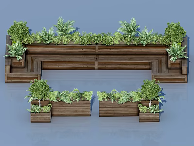 Bonsai Potted Plants In Wooden Planter Arrangement With Lush Green Foliage 3d model