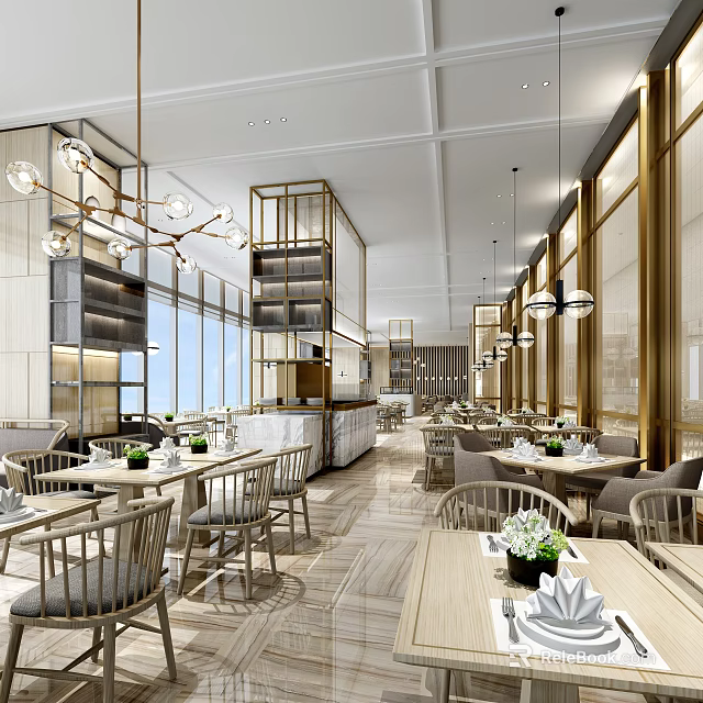 Modern Restaurant Interior With Dining Tables Chairs Hanging Lights Decorative Shelves And Large Windows 3d model 