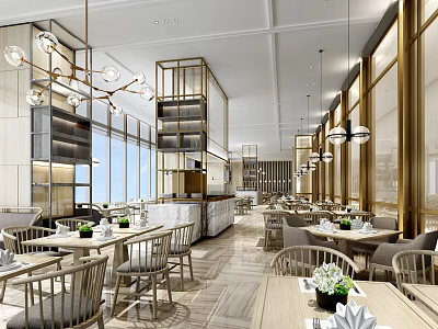 Modern Restaurant Interior With Dining Tables Chairs Hanging Lights Decorative Shelves And Large Windows 3d model