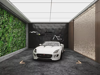 Luxury Parking Garage Featuring White Sports Car Green Living Wall And Illuminated Side Panels 3d model