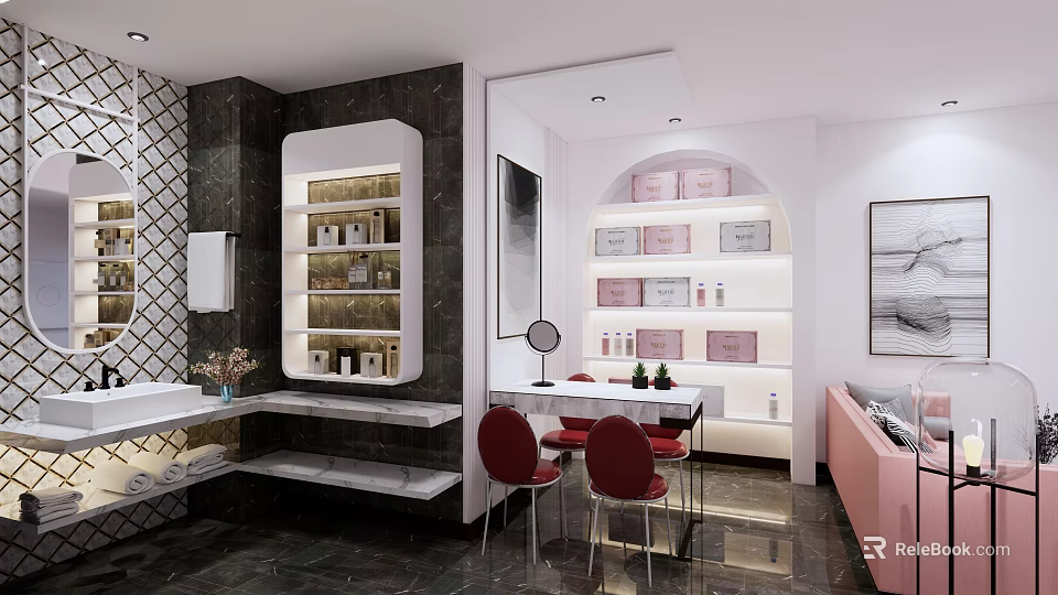 Modern Beauty Hair Salon Interior With Beauty Products Hair Styling Tools And Comfortable Chairs 3d model 