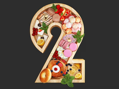Ceramic Number 2 Shaped Vessel Filled With Assorted Desserts And Fresh Fruits 3d model