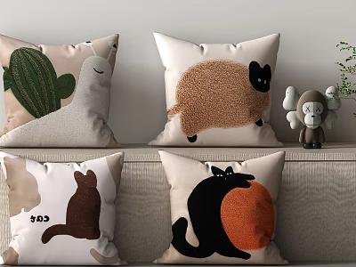 Cute Decorative Pillows With Green Llama Brown Sheep Black Cat Patterns 3d model