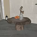 Rustic Round Wooden Coffee Table with Stump Base and Fruit Vase Decor