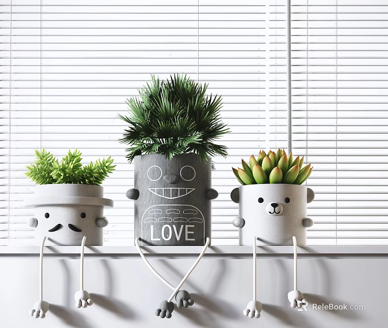 Cute Bonsai Potted Plants With Cartoon Pots Smiling Faces And LOVE Lettering On Window Sill 3d model 