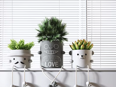 Cute Bonsai Potted Plants With Cartoon Pots Smiling Faces And LOVE Lettering On Window Sill 3d model
