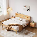 Modern Wooden Double Bed With LED Headboard White Sheets Brown Blanket Nightstand Decorative Painting