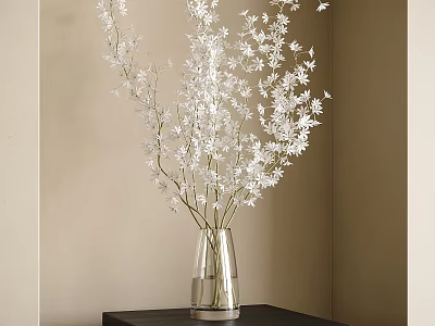 Transparent Glass Vase With White Blossoms Placed On Black Table Against Beige Wall 3d model