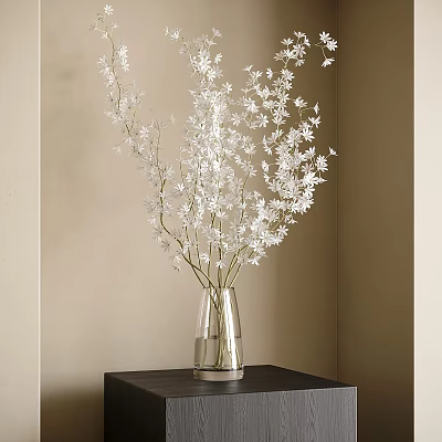 Transparent Glass Vase With White Blossoms Placed On Black Table Against Beige Wall 3d model