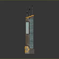 Cartoon Scene with Colorful Tower Yellow Brown Stripes Antennas Top Blue Rectangular Middle Circular Bottom