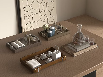 Organized Daily Living Items On Wooden Tabletop With Trays Towels Scented Bottles And Books 3d model