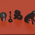 Decorative Ornament Set With Silver Container Black Ampersand Monkey Figurine And Column On Red Surface
