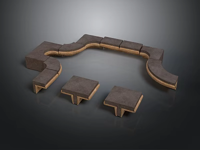 Curved Modular Furniture Set With Square Components And Light Edge Stools 3d model