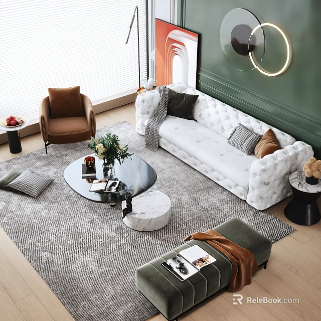 Casual Sofa Set White Plush with Black Gray Pillows Round Glass Coffee Table Brown Armchair 3d model 