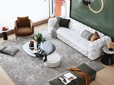 Casual Sofa Set White Plush with Black Gray Pillows Round Glass Coffee Table Brown Armchair 3d model