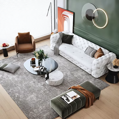 Casual Sofa Set White Plush with Black Gray Pillows Round Glass Coffee Table Brown Armchair 3d model