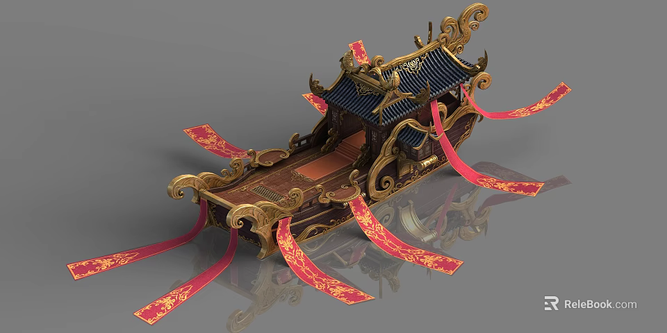 Traditional Wooden Boat Featuring Elaborate Gold Carvings Blue Roof And Red Streamers With Gold Patterns 3d model 