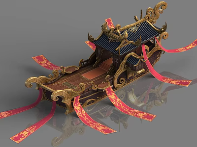 Traditional Wooden Boat Featuring Elaborate Gold Carvings Blue Roof And Red Streamers With Gold Patterns 3d model