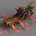 Traditional Wooden Boat Featuring Elaborate Gold Carvings Blue Roof And Red Streamers With Gold Patterns