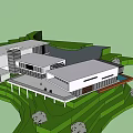 Modern Architectural Design With Large Glass Windows White Structure Green Lawn Trees And Fence