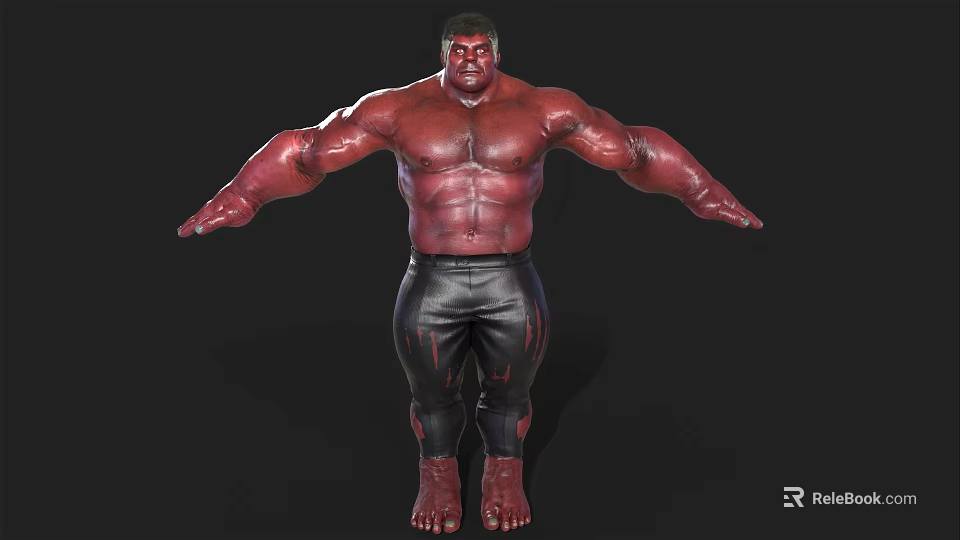 Red Skinned Muscular Man in Black Leather Pants with Arms Outstretched Against Dark Background 3d model 