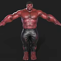 Red Skinned Muscular Man in Black Leather Pants with Arms Outstretched Against Dark Background