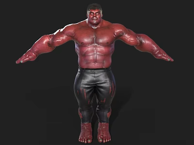 Red Skinned Muscular Man in Black Leather Pants with Arms Outstretched Against Dark Background 3d model