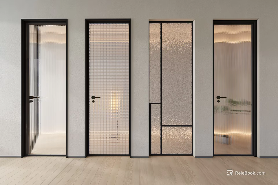Modern Hinged Doors with Black Frames and Various Glass Textures in Interior Design 3d model 