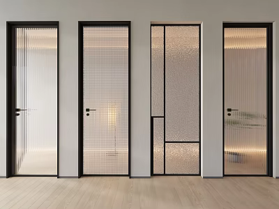 Modern Hinged Doors with Black Frames and Various Glass Textures in Interior Design 3d model