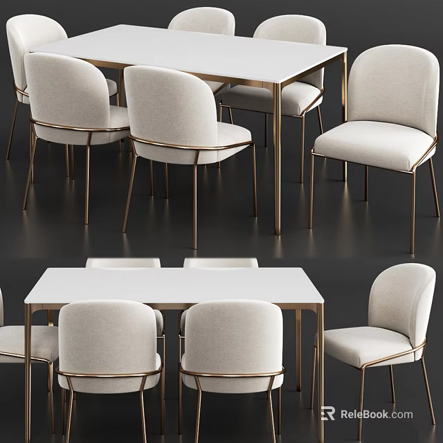 Elegant Modern Dining Table Set With White Tabletop And Upholstered Metal Chairs 3d model 