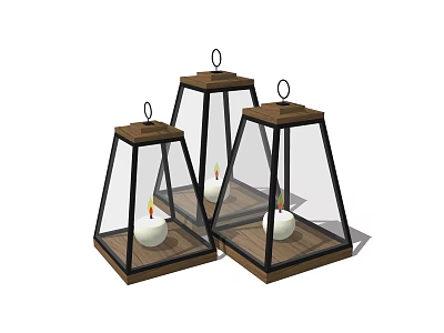 Three Wooden Frame Candle Lanterns With Glass Panels And Simple Design 3d model